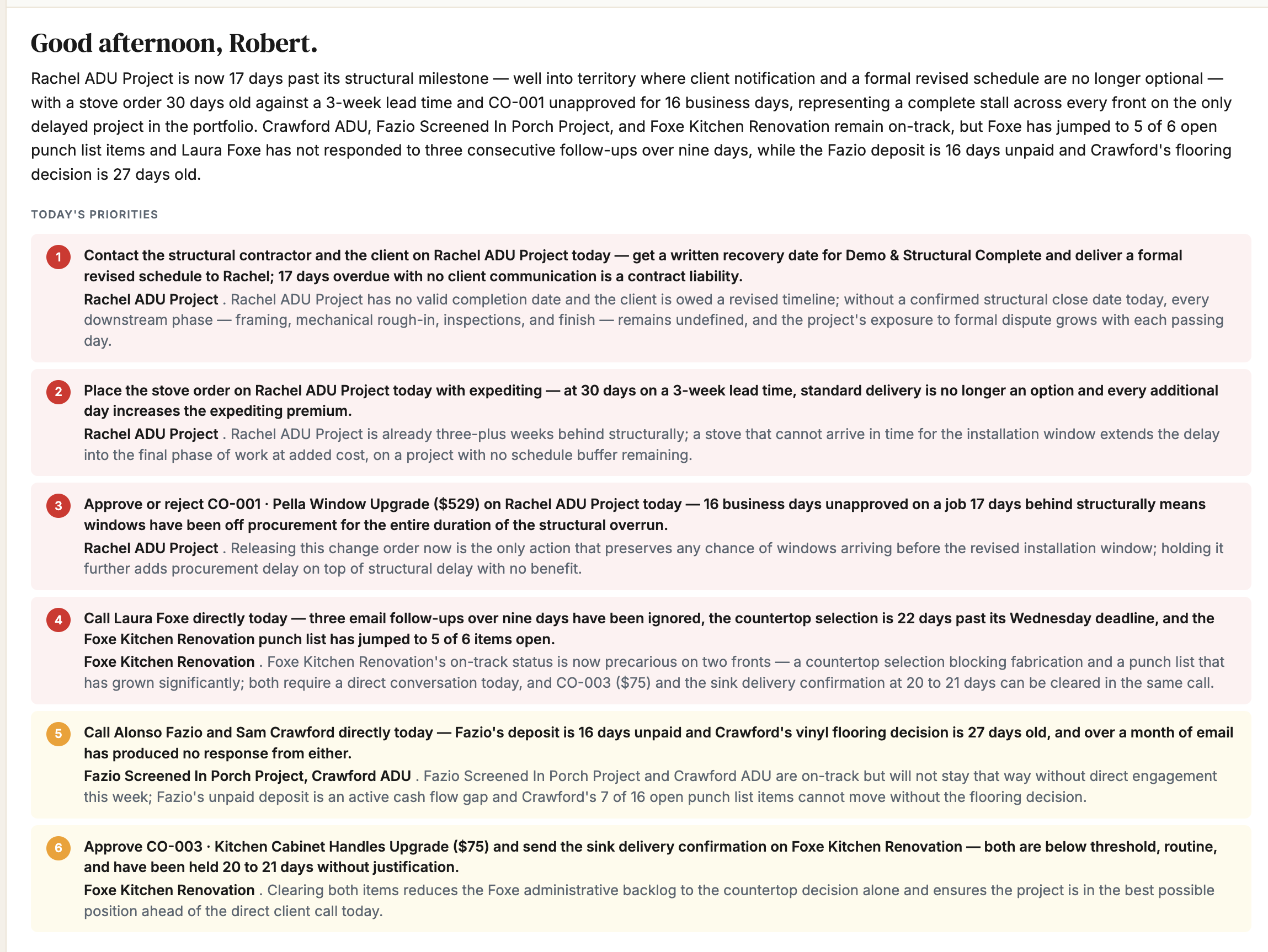 Original Daily Briefing layout showing the previous more verbose format